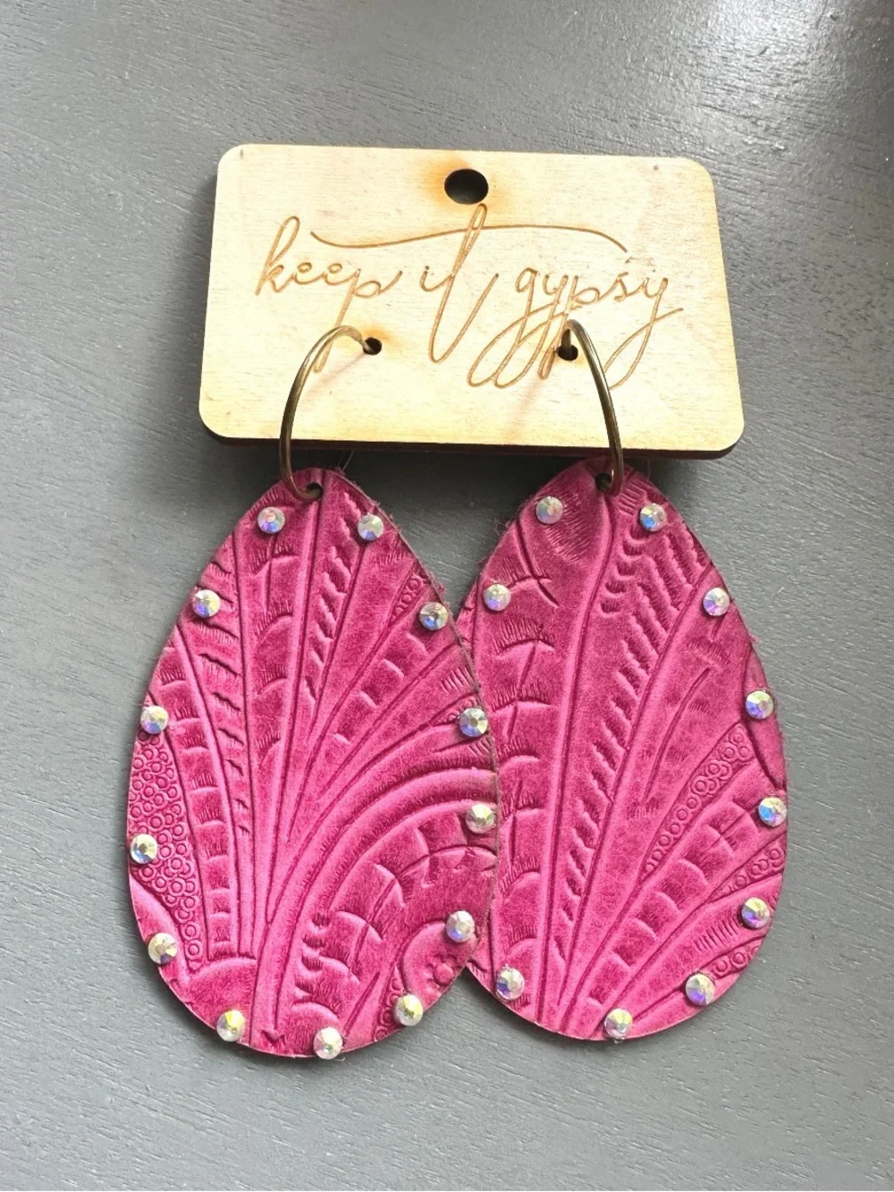Keep it Gypsy Hot Pink Tooled Leather Teardrop Shaped earrings NWT